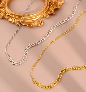 Detail der Gold-Silber-Mischkette mit Kugelkette und Figaro-Gliedern im Spleißdesign