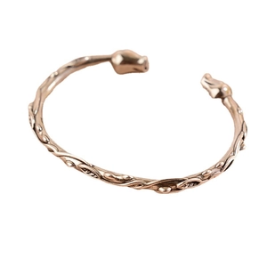 Retro rose gold vine open bangle for women with detailed rosebud ends and forest style