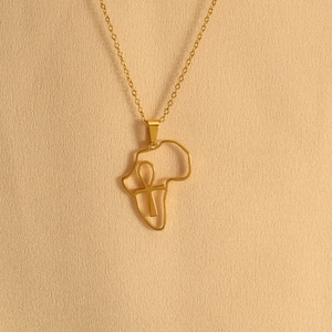 Golden stainless steel necklace featuring Africa map and Ankh cross pendant on satin
