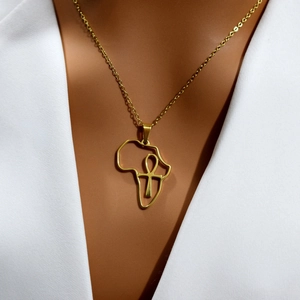 African Map Ankh Cross Pendant Necklace Stainless Steel Gold Plated Minimalist Ethnic Jewelry For Men Women Gift