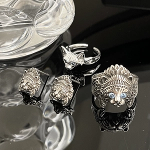 Vintage Indian Chieftain Cat Head Open Ring For Women Copper Blue Zirconia Punk Animal Cat Earring Fashion Jewelry Gift