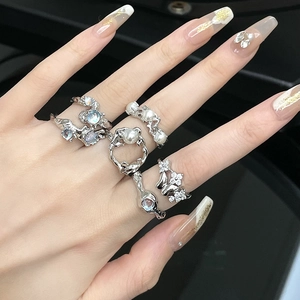 Copper Liquid Metal Open Ring For Women Vintage Faux Artificial Pearl Moonstone Irregular Lava Style French Fashion Finger Jewelry