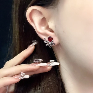 Artistic rabbit ear studs with red moonstone in liquid metal liquid silver finish