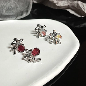 Modern Liquid Metal Copper Stud Earrings With Moonstone Effect Iridescent Bead Red Gemstone Rabbit Style Jewelry For Women