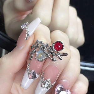 Gothic rabbit moonlight stone and red gem silver ring with vine skeleton design