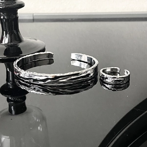 Punk Irregular Lava Texture Silver Plated Alloy Open Bangle Bracelet And Ring For Men Women Vintage Minimalist Jewelry Gift