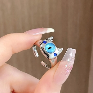 Anello gatto mostro in argento regolabile con malocchio blu e graziose orecchie a punta