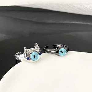 Anello Regolabile in Rame Occhio di Gatto Eccentrico Per Donna Stile Piccolo Mostro Gotico Pupilla Blu Intarsiata Oro Nero Gioielli Regalo