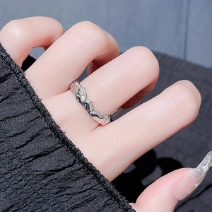 Irregular wavy textured silver ring with micro-pave zircons for men and women