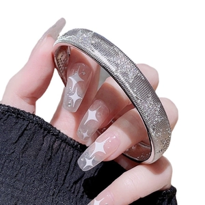 Sparkly wide silver open bangle with stripe texture and glitter finish for women