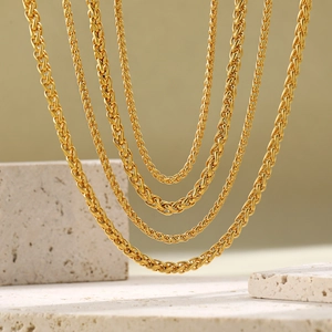 Gold plated Spiga wheat chain necklaces in four different thicknesses for women