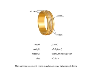 Detailed view of 18K gold plated titanium ring with CZ stones showing 0.6cm width