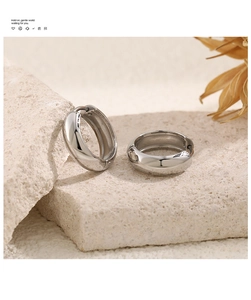 Close-up of polished silver wide hoop earrings on a textured stone surface with dried flowers