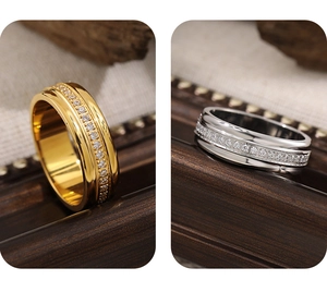 Close-up of CNC-crafted gold and silver rings with full-circle micro-pave crystals