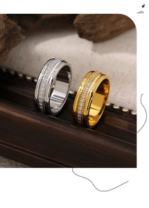 Detailed close-up of gold and silver plated CNC eternity rings with sparkling zircons