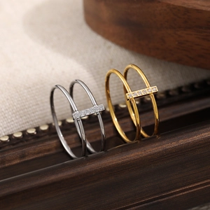 Minimalist double-layer 24K gold-plated stainless steel rings with micro-pave crystals