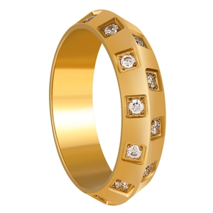 Bague classique en acier titane doré avec damier et double rangée de zircons brillants