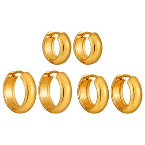 Three pairs of chunky gold-plated stainless steel hoop earrings with a polished finish