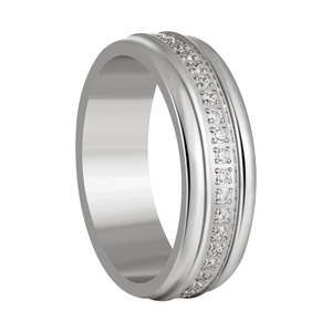 Polished silver stainless steel ring with channel-set zircons at 45-degree angle