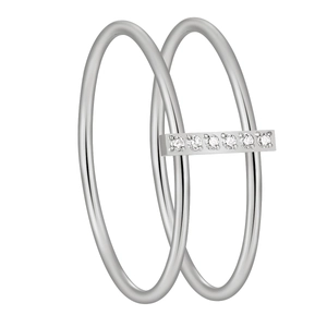 Double band minimalist silver ring with six round diamonds in a parallel luxury design