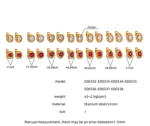 Size chart showing gold plated titanium steel stud earrings with red and white zircons