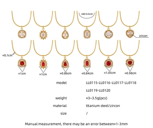 Detailed size chart for 18K gold-plated necklaces with various zircon pendants shapes
