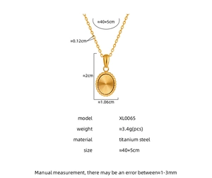 Macro detail of gold PVD titanium steel necklace with sunburst oval pendant and measurements