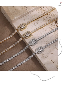Macro detail of rectangle stone tennis bracelets in gold and silver plating