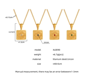 Detailed size and dimension chart for 18K gold plated evil eye square pendant necklaces