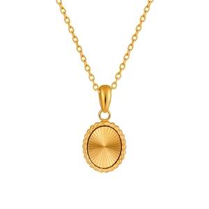 PVD gold plated stainless steel necklace with laser engraved oval sunburst pendant