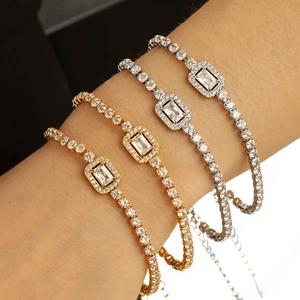 Luxury Titanium Steel Zirconia Bracelet Rectangle Halo Full Diamond Gold Silver Plated Adjustable Jewelry Gift For Women