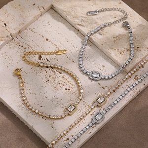 Luxe PVD plated steel tennis bracelet set with square zircon center stones and lobster clasp