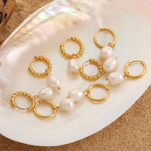 Boucles d'Oreilles Perles d'Eau Douce Vintage Français Acier Inoxydable Plaqué Or 18K PVD Créoles Torsadées Bijoux Mode Femme
