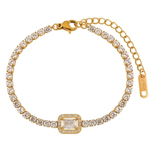 Gold plated tennis bracelet with square focal stone and shiny zircon crystals for women