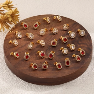 Vintage 18K gold-plated stainless steel stud earrings with red rubies and zircons