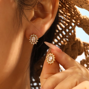 Retro 18K gold plated stainless steel stud earrings with oval red ruby and diamonds