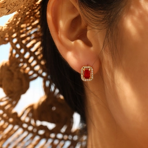 Vintage 18K gold plated stainless steel stud earrings with red ruby and clear crystals