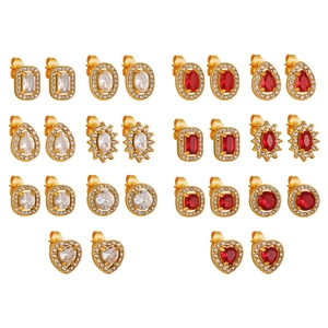 Retro 18K gold plated stainless steel earring set with red and white zircons