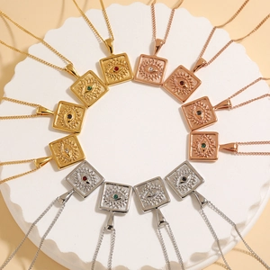 Stainless Steel Evil Eye Square Pendant Necklace 18K Gold Plated Zirconia Inlaid Sunburst Retro Jewelry For Women