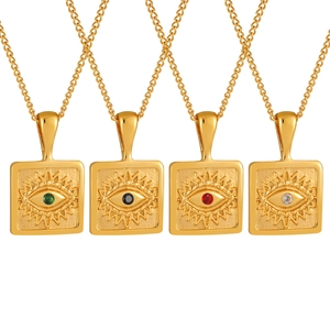 Evil eye square pendant necklaces in 18K gold plated stainless steel with colorful zircons