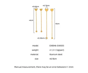 Size chart for heart titanium steel threader earrings showing length and weight detail