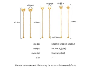 Detailed size chart for titanium steel drop earrings with bow and leaf designs