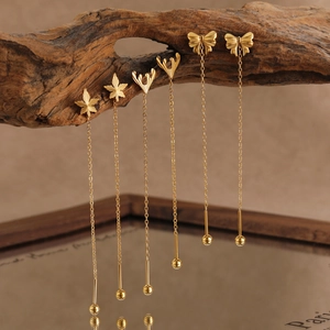 Korean Style Stainless Steel Gold Plated Bow Leaf Antler Tassel Ear Threads Long Chain Dangle Drop Earrings For Women