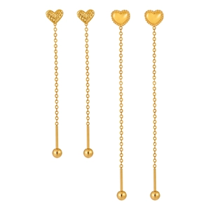 Elegant gold heart-shaped long chain drop earrings featuring polished and hammered designs