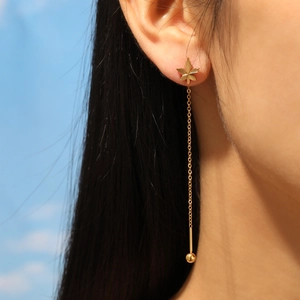 Elegant gold-plated maple leaf ear threaders with thin metal chains and beads