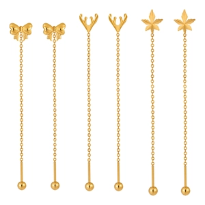 Three-piece gold plated bow, antler, and leaf tassel earrings set in 18k gold finish