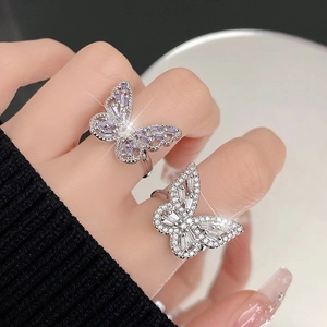 Bagues papillon élégantes en argent s925 avec zircons violets et blancs pour femmes