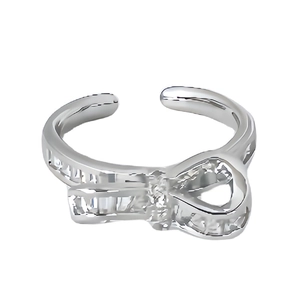 Chic silver open ring with a sparkling zircon butterfly knot design for women