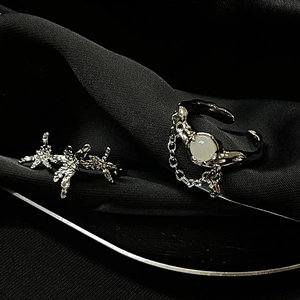 Niche Design Irregular Copper Open Ring Set Synthetic Moonstone Fine Chain Gothic Cool Style Women Adjustable Rings Jewelry