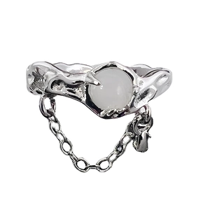 Two-piece moonstone open rings with irregular texture and silver metal hanging chain